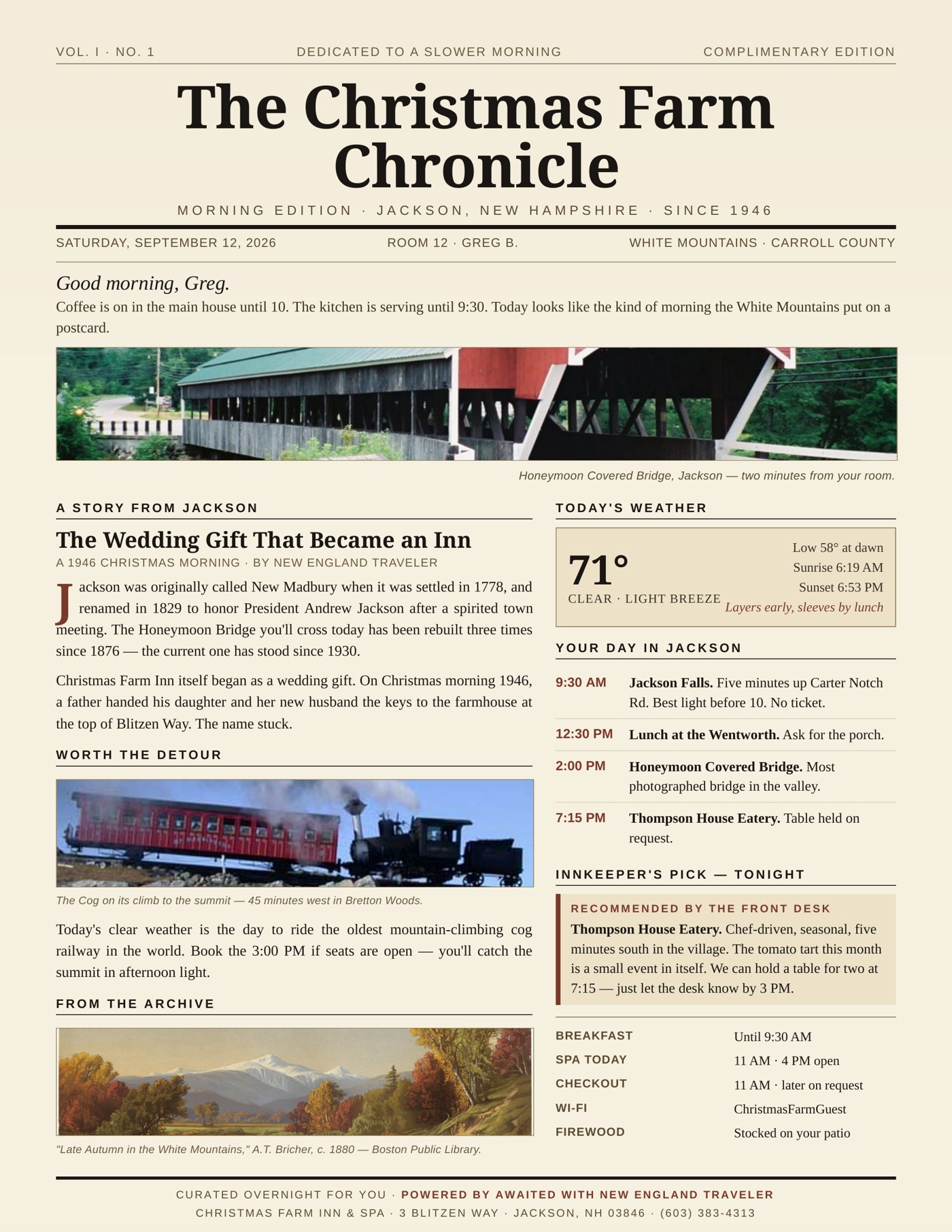 The Christmas Farm Chronicle, a one-page custom morning paper for a guest named Greg in Room 12, with the weather, a day plan in Jackson, an innkeeper's pick, and a local story