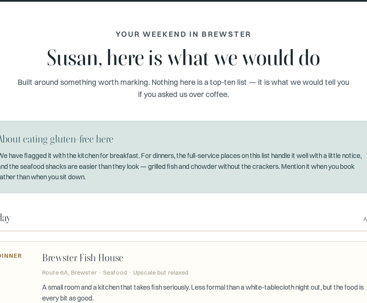 Screenshot: Susan, here is what we would do — a weekend plan with gluten-free dinner advice