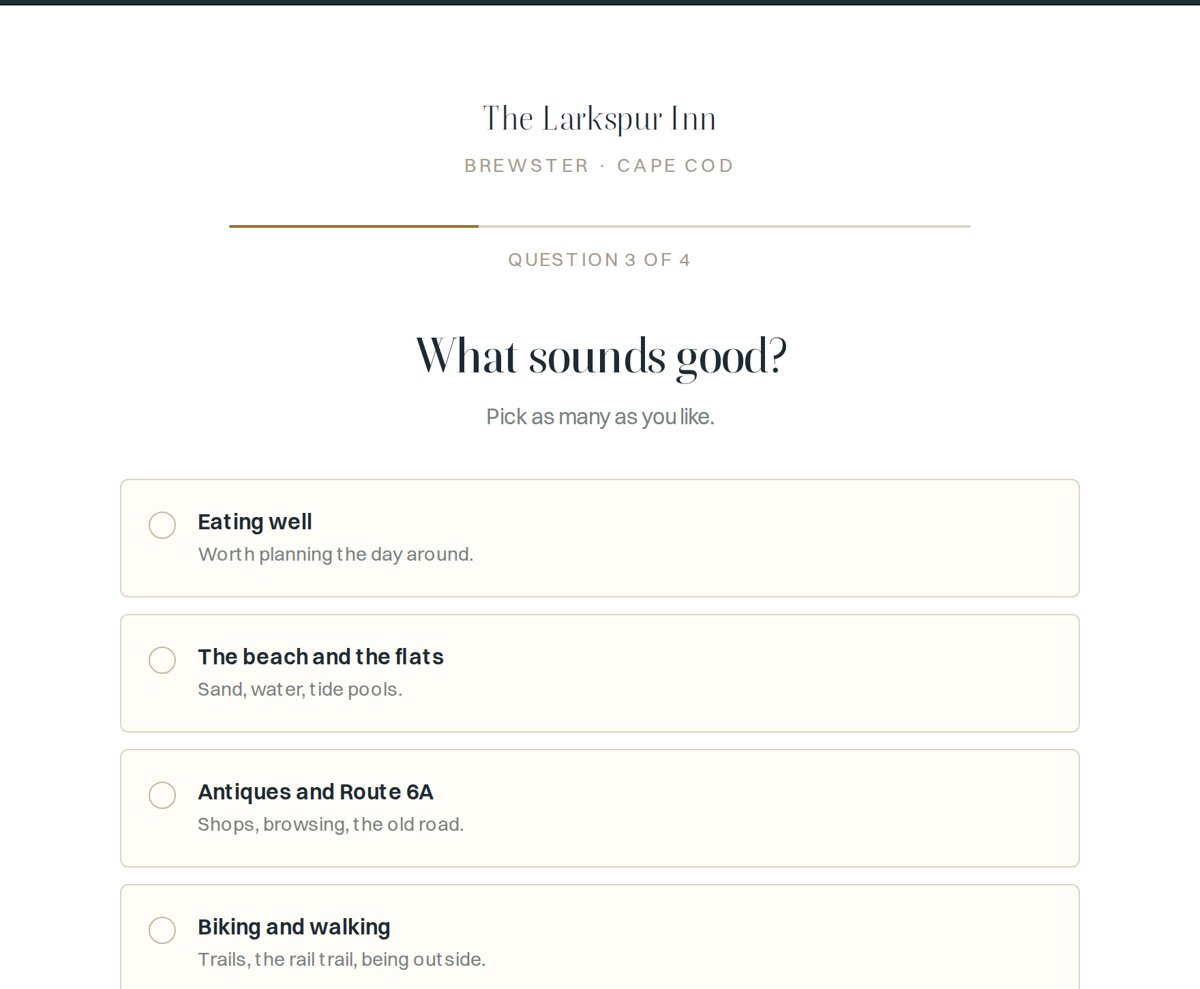 Screenshot: the guest picks what sounds good, like eating well or the beach