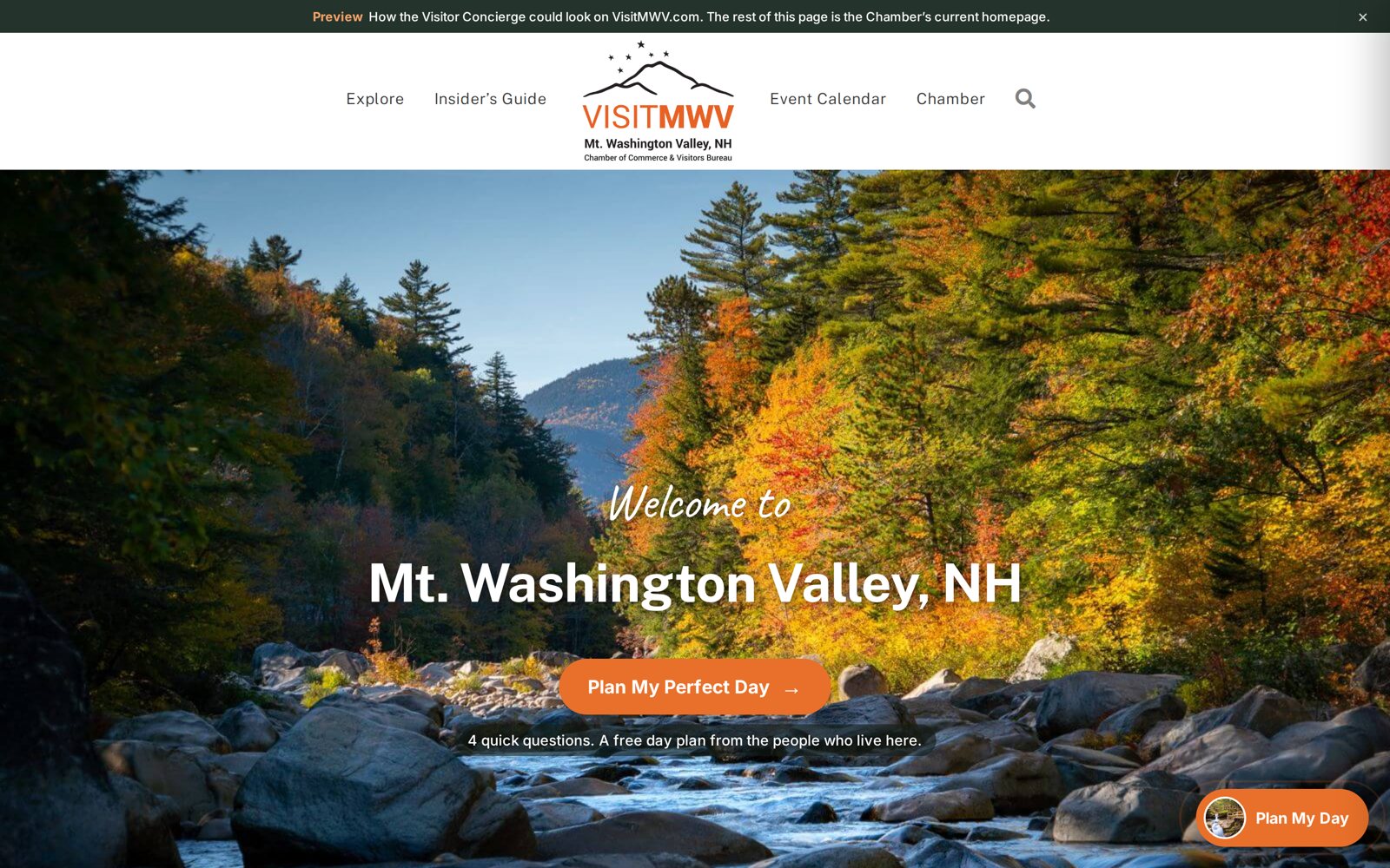 Screenshot: the Mt. Washington Valley homepage with a Plan My Perfect Day button